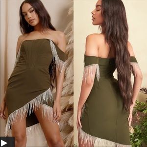 Beaded fringe bardot corset dress in khaki💚